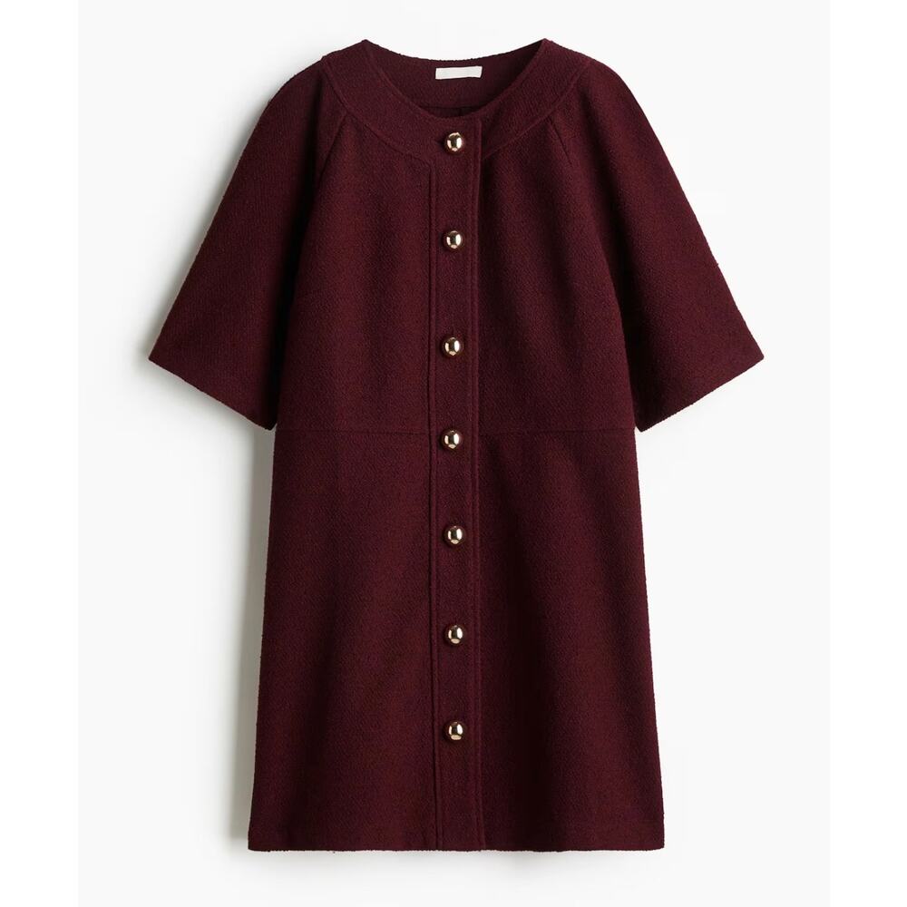 Burgundy Button-Front Sheath Dress Textured Wool Blend Sz S Old Money Holiday